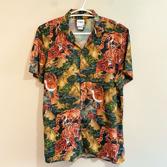 Zara Vibrant Tiger Print Casual Short Sleeve Button Down Shirt - Picture 5 of 16